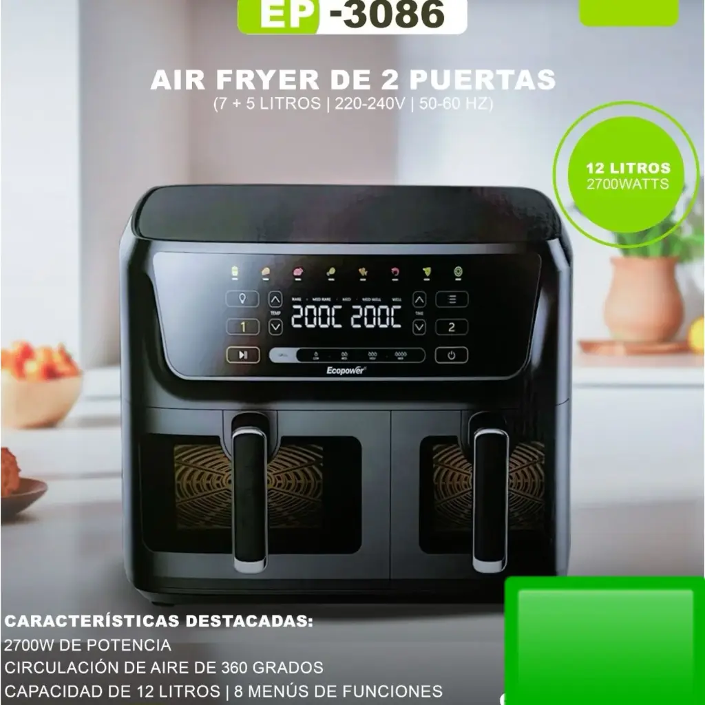 Freidora de aire 2 puertas, capacidad  total de 12 litros.