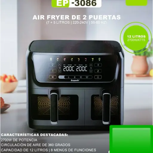 Freidora de aire 2 puertas, capacidad  total de 12 litros.